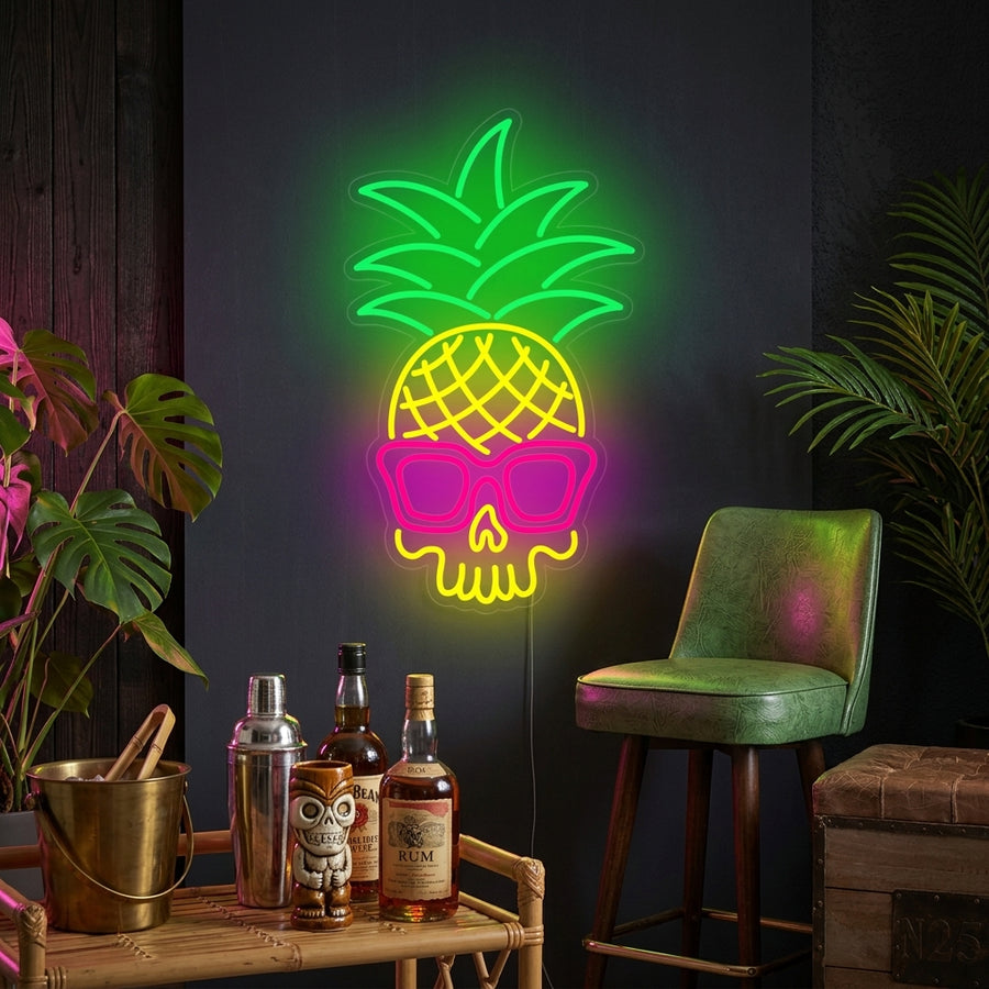 Pineapple Skull neon sign in an artfully decorated room with vibrant houseplants and warm lighting.