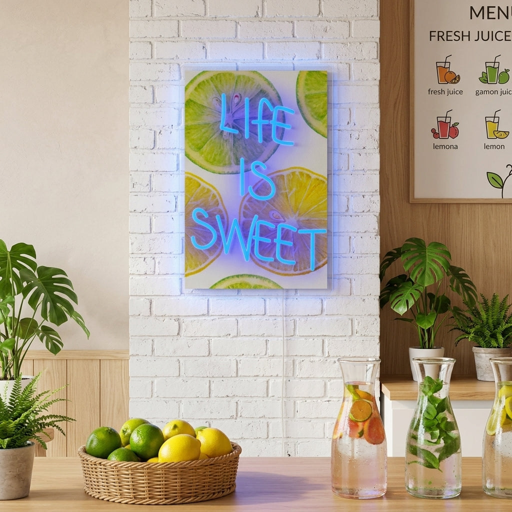 A glowing 'Life Is Sweet' neon sign with a colorful candy-themed UV print background mounted above a cozy bed in a modern room.