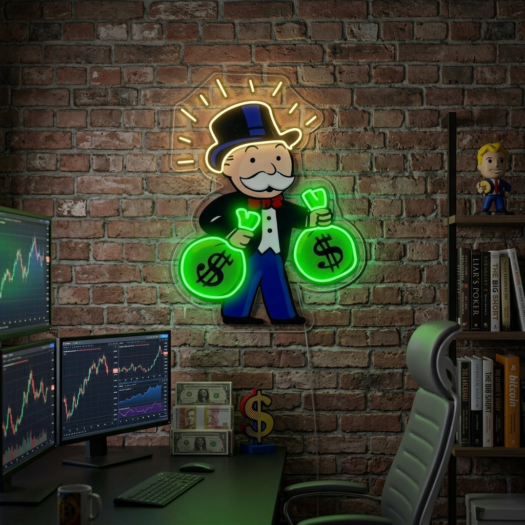 Monopoly Man with Money Bag neon sign glowing brightly on a wall in a room setting.