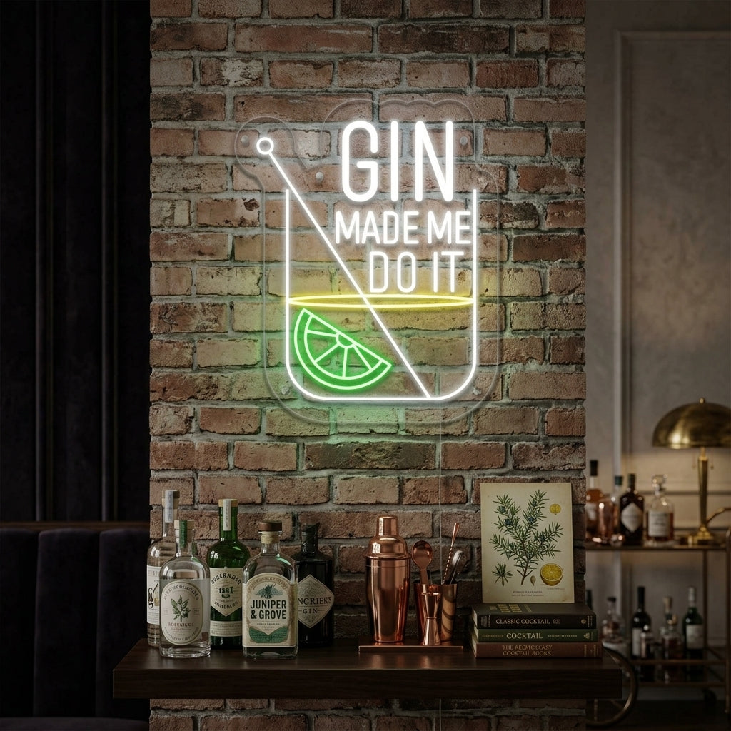 A glowing blue 'Gin Made Me Do It' neon sign mounted on a brick wall above a well-stocked bar with various bottles and glasses.