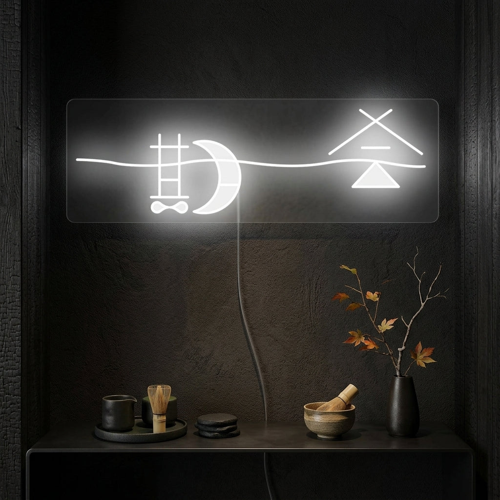 Japanese calligraphic neon wall sign reading 'Once In A Lifetime Chance' glowing in a modern home interior