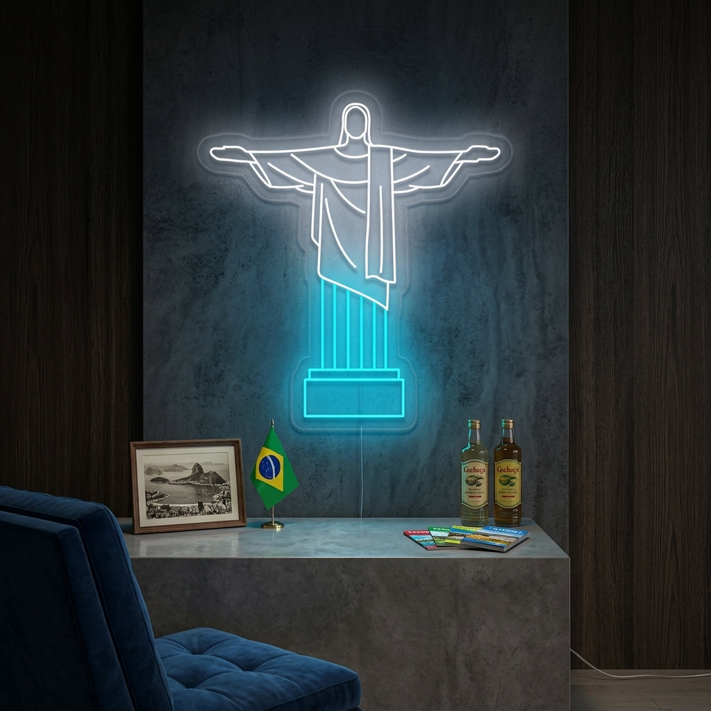 Brazil Christ the Redeemer neon sign glowing brightly on a textured wall in a modern living room