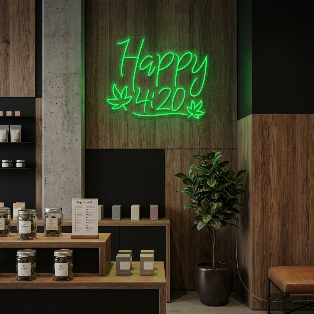 A lifestyle photo of the Happy 420 Marijuana Leaf Cannabis Celebration neon sign glowing brightly in a modern living room setting.
