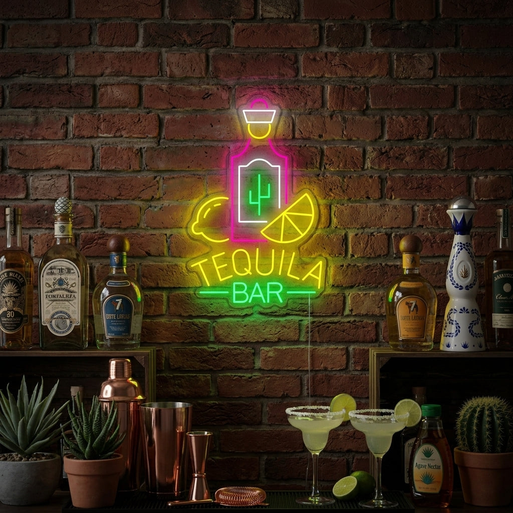 A glowing 'Tequila Bar' neon sign prominently displayed above a bustling home bar setup, illuminating bottles of tequila.