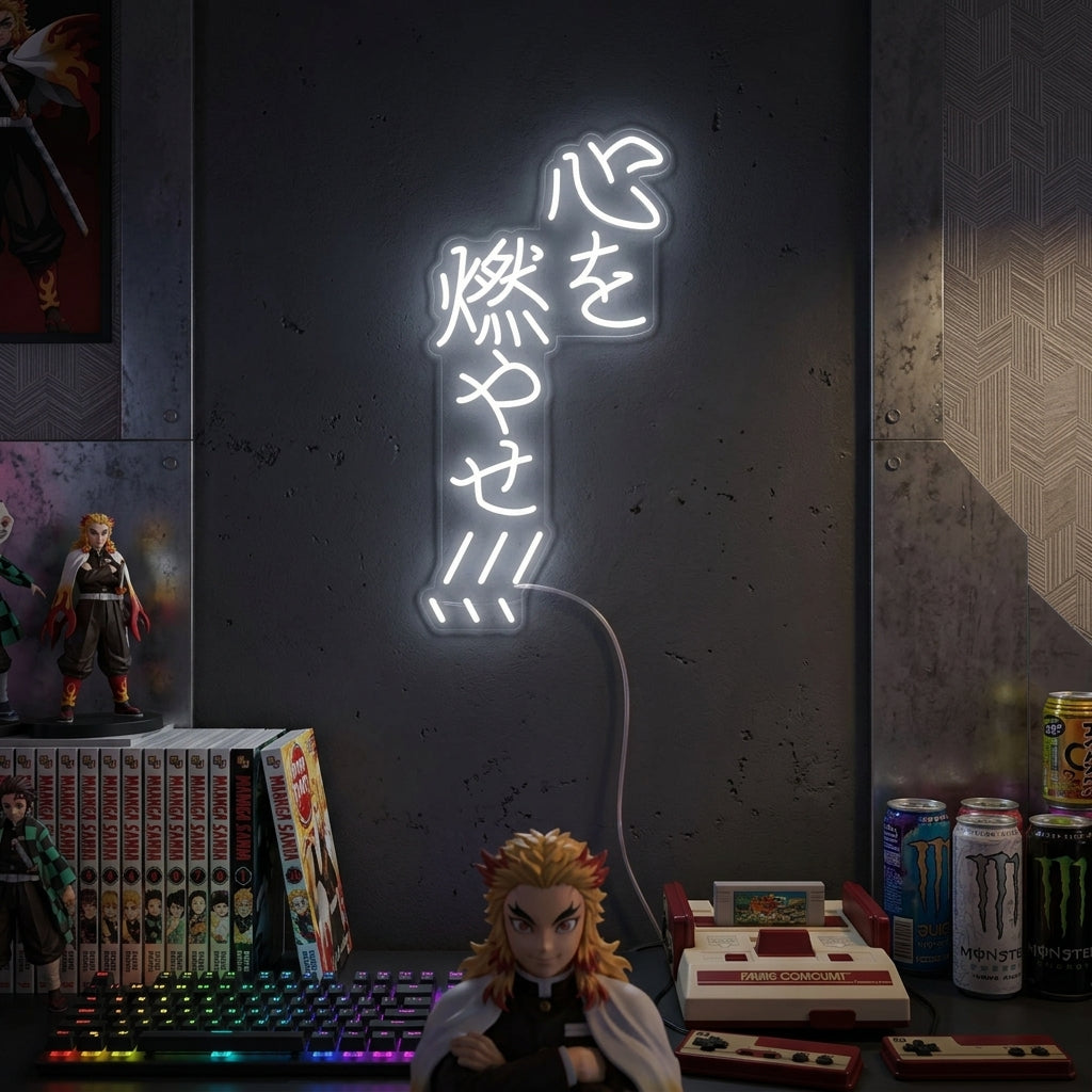 A vibrant red 'Burn Your Heart' anime-inspired neon sign glowing on a textured bedroom wall above a cozy desk setup with bookshelves.