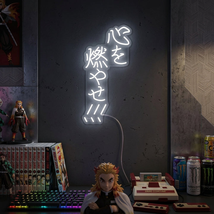 A vibrant red 'Burn Your Heart' anime-inspired neon sign glowing on a textured bedroom wall above a cozy desk setup with bookshelves.