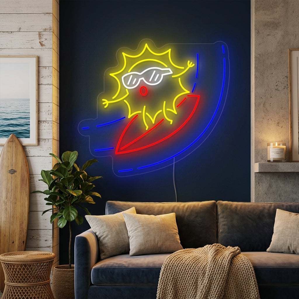 Cartoon sun surfing a wave neon sign mounted on a brick wall in a cozy room