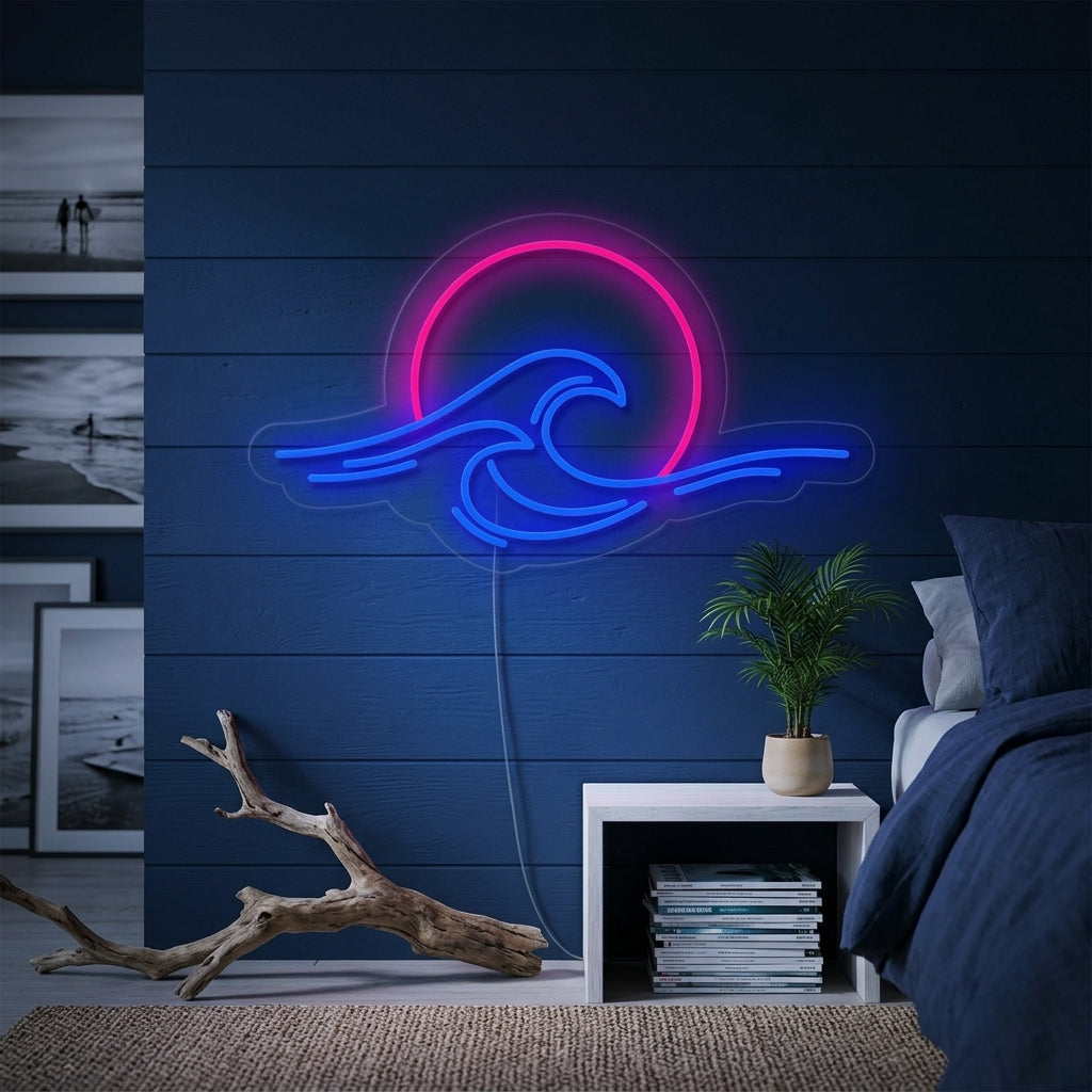 A lifestyle shot of the lit "Sea Sunset Sunrise Wave" neon sign mounted on a textured wall in a modern living room setting.