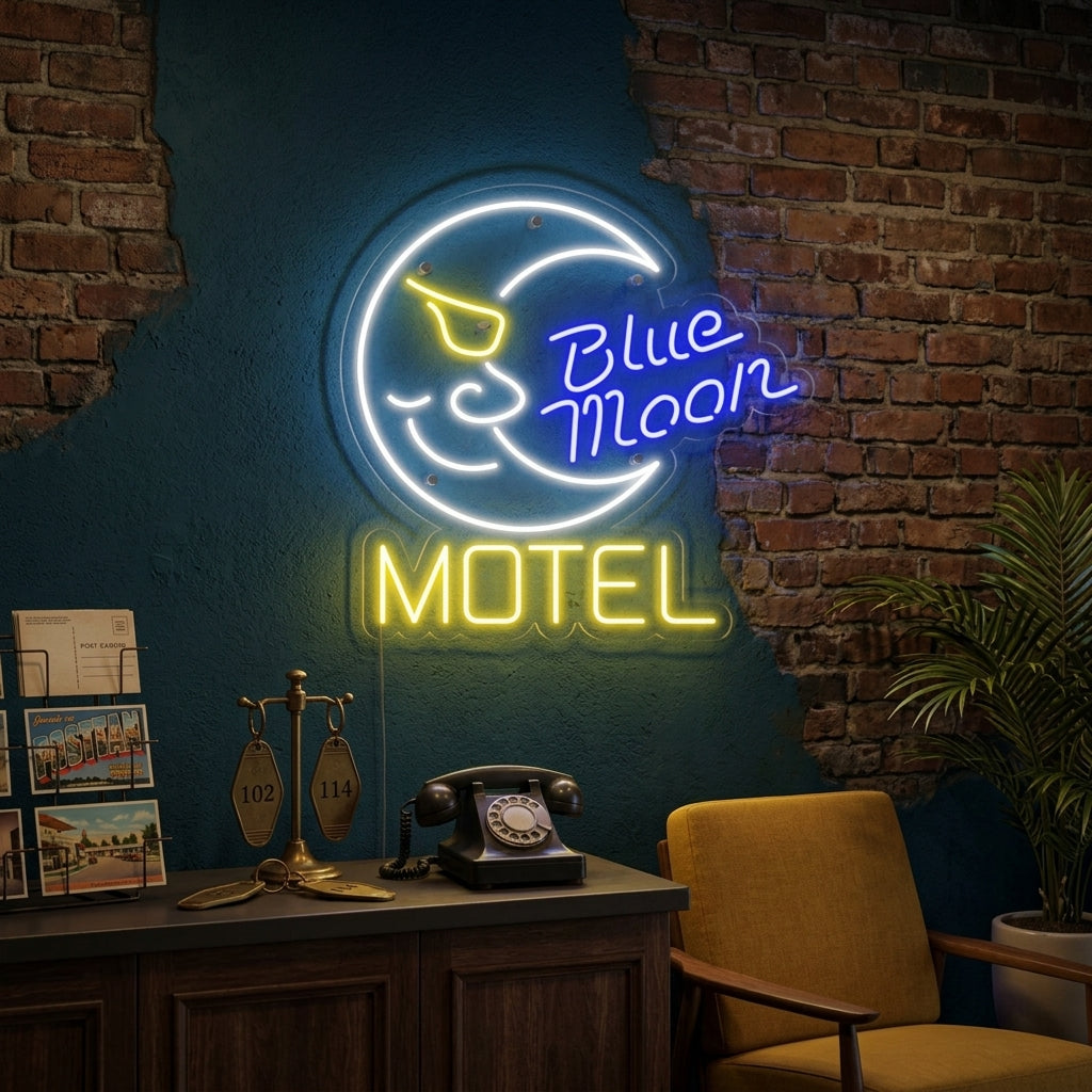 A lifestyle photo showing the glowing blue and white Blue Moon Motel Hotel neon sign mounted on a textured brick wall in a cozy room.