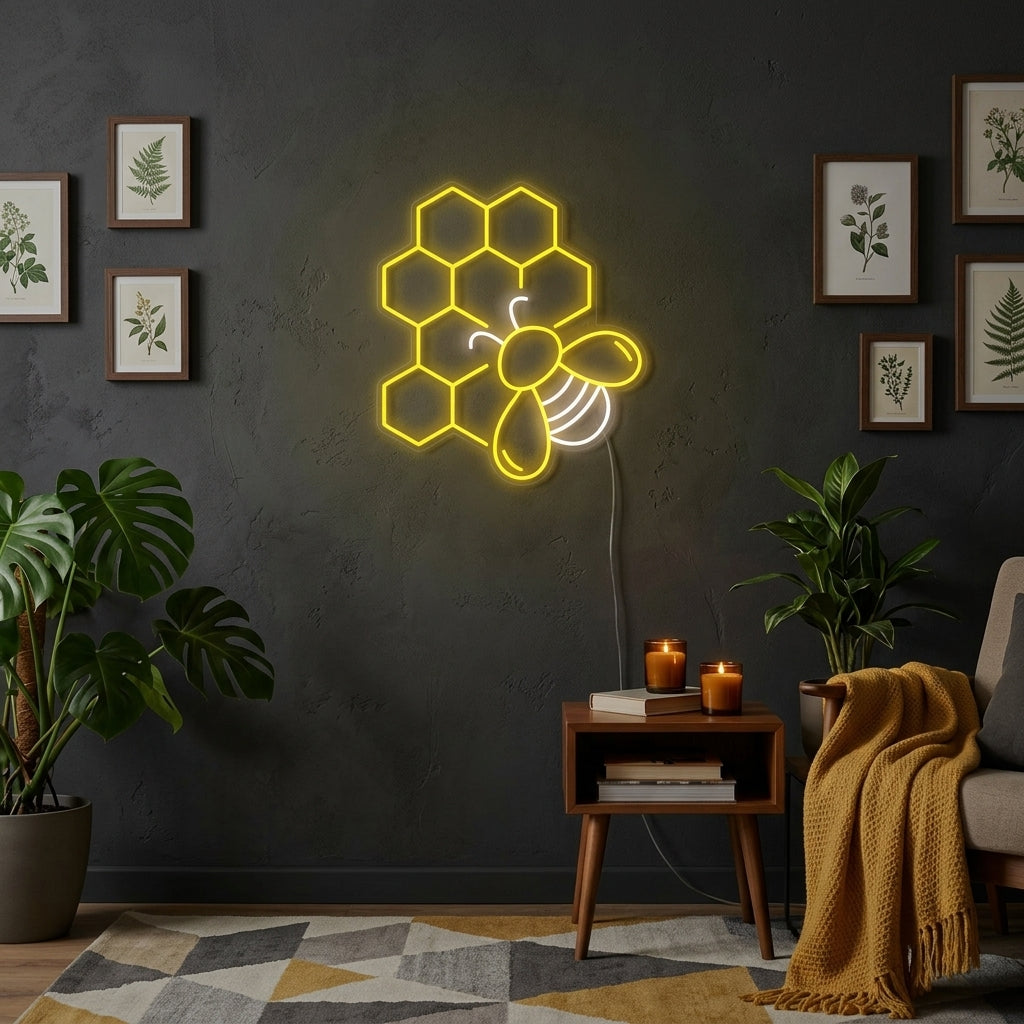 Honeycomb pattern neon sign glowing warm yellow on a textured wall in a modern living room setting.