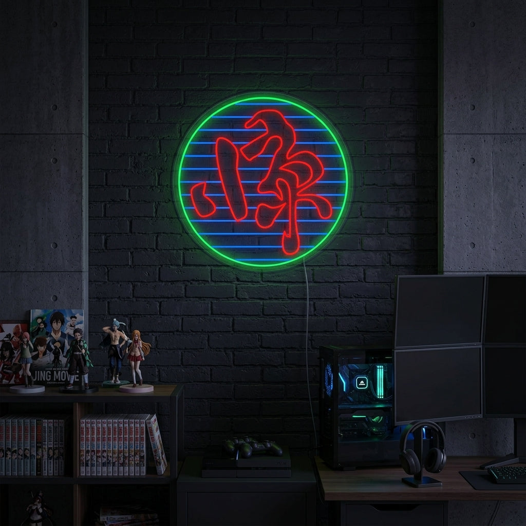 A lifestyle photo showing the Kanji Symbol Jing Movie Neon Sign glowing on a brick wall above a cozy living room seating area with plants.