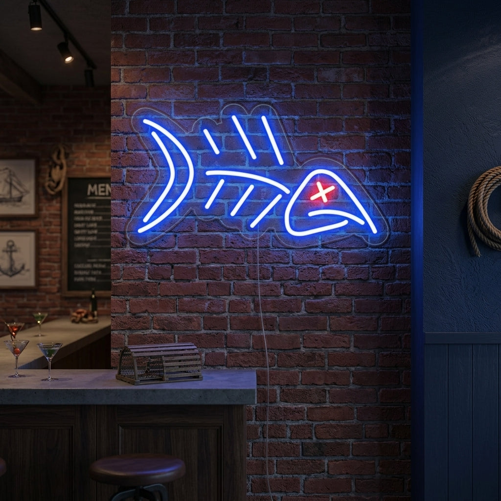 A glowing blue 'Fish Skull' neon sign mounted on a dark, textured wall above a rustic wooden sideboard, illuminating a decorative bowl and plant. A black framed fish art print is adjacent.