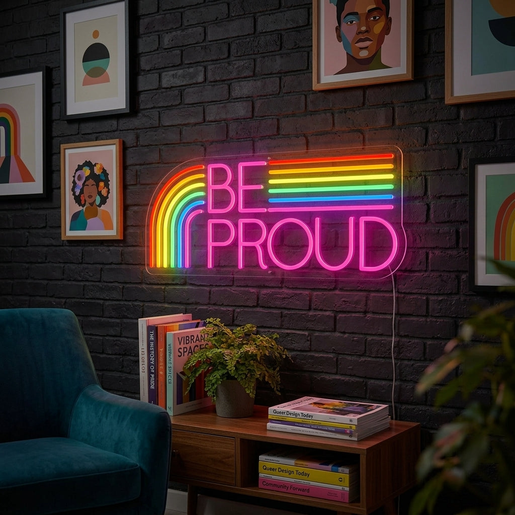 A vibrant 'LGBT Be Proud' neon sign with rainbow colors and text glowing on a wall in a contemporary living space.