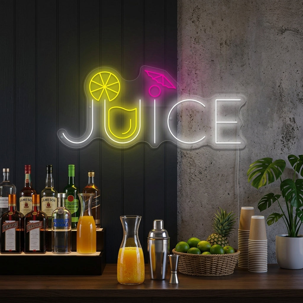 A bright, illuminated 'Juice' neon sign glowing in a vibrant orange hue, mounted on a rustic brick wall within a bustling, modern juice bar environment, showing healthy beverages and fresh fruit in the background.