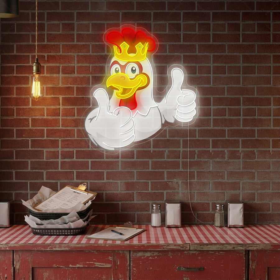 A bright, chicken-shaped neon sign glowing warmly, hanging on a rustic brick wall in a cozy kitchen setting, casting a golden light onto the surrounding area.