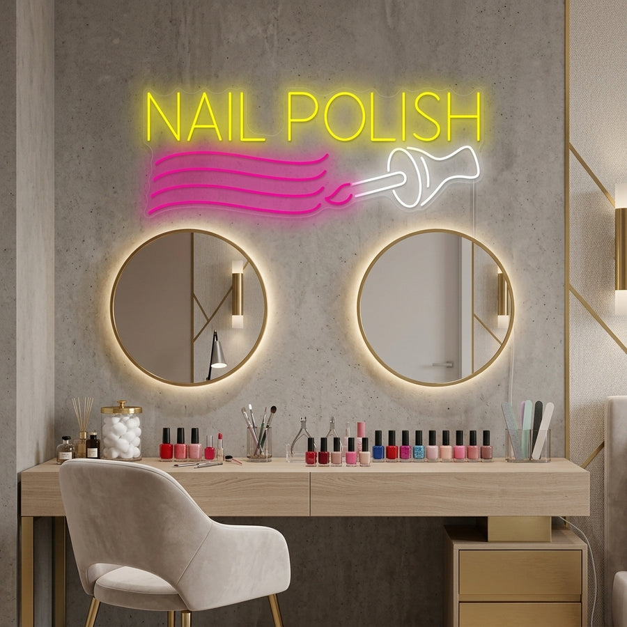 A vibrant 'Nail Polish' neon sign illuminated above a beauty salon vanity station, showing a pink glowing nail polish bottle icon with a brush.
