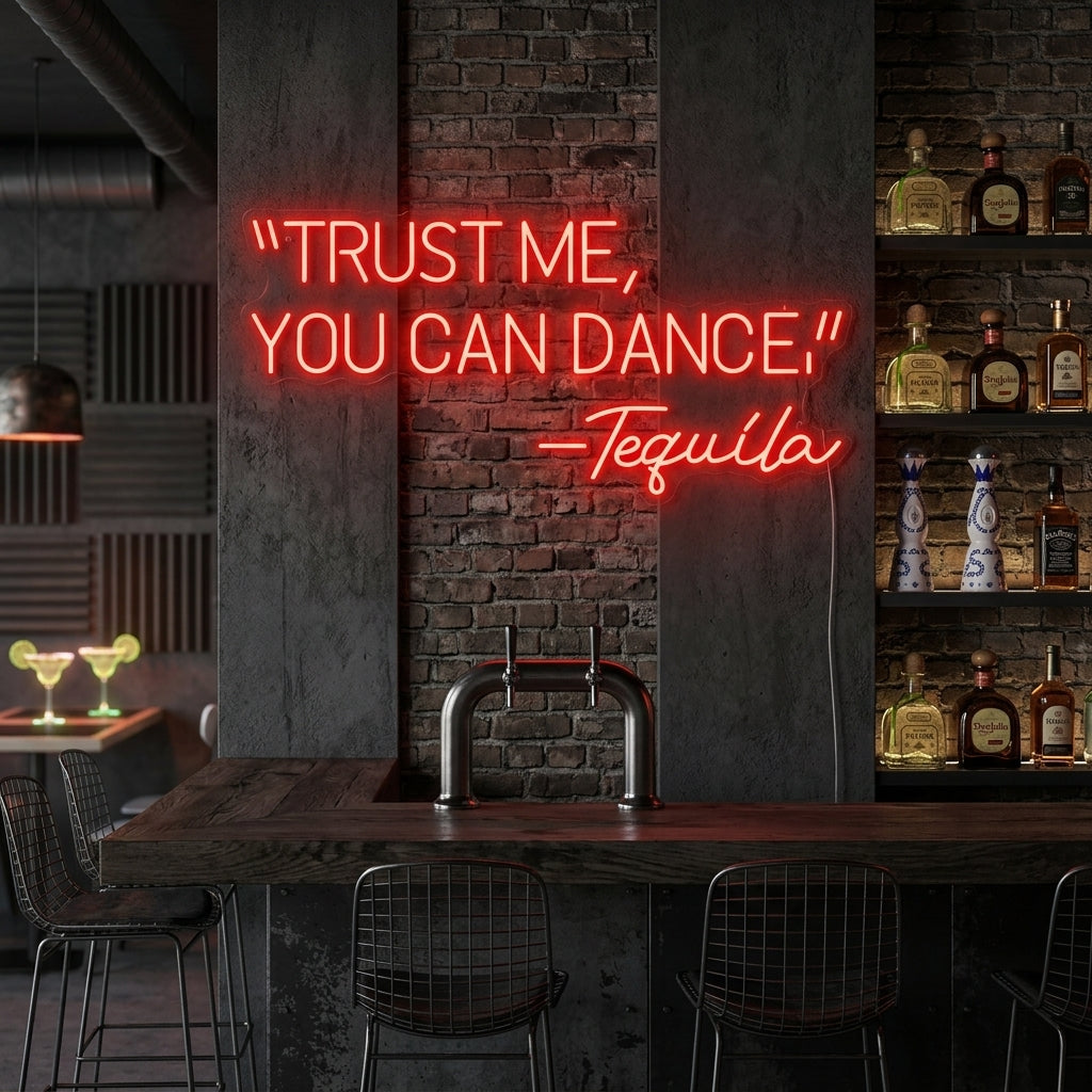 A vibrant 'Trust Me You Can Dance, -Tequila' neon sign glowing brightly on a brick wall behind a wooden bar.