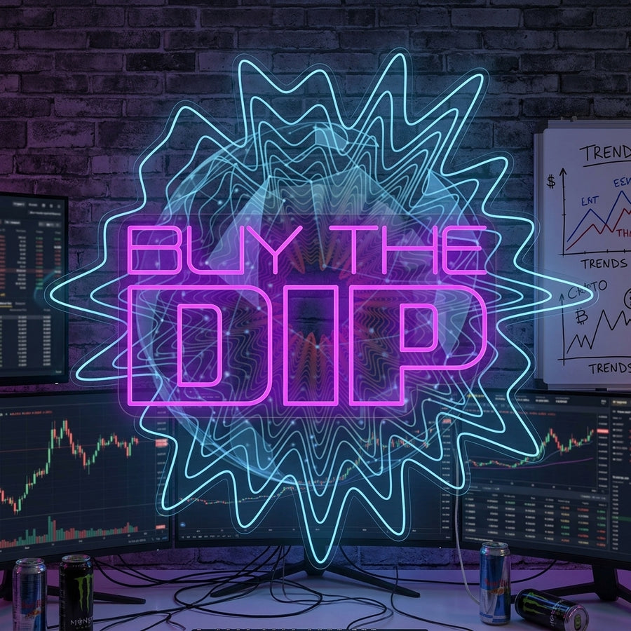 Bold blue 'Buy the Dip' neon sign glowing brightly on a textured grey office wall, featuring stylized text and a rising chart arrow graphic.