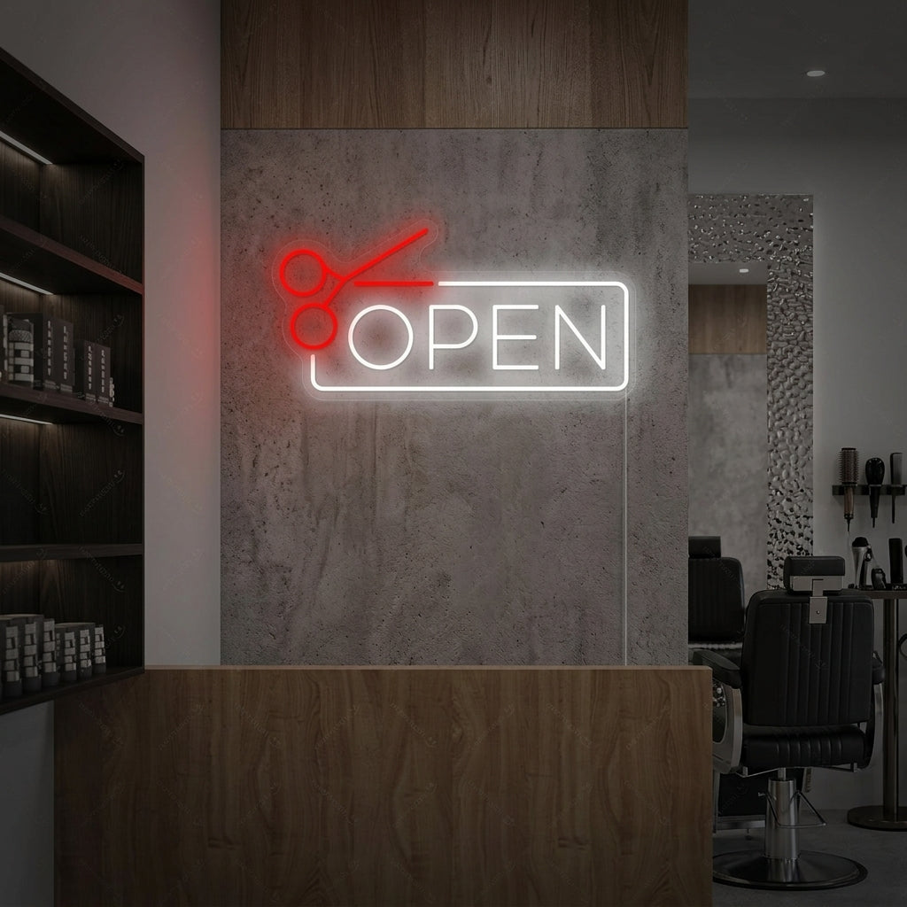 A glowing 'BARBERSHOP OPEN' neon sign hanging on a rustic brick wall inside a styled barbershop.