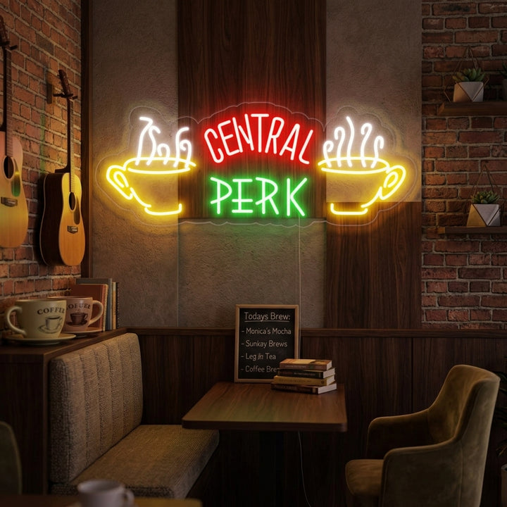 A glowing 'Central Perk' neon sign is mounted above a cozy sofa in a fictional coffee house setting, capturing the classic pop culture vibe.