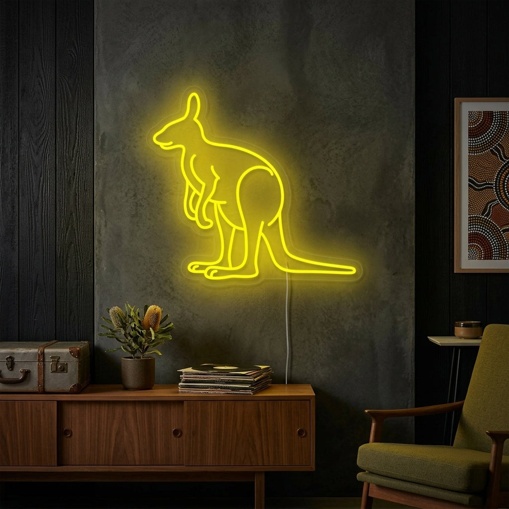 Australia Kangaroo neon sign displayed on a textured wall in a modern living room