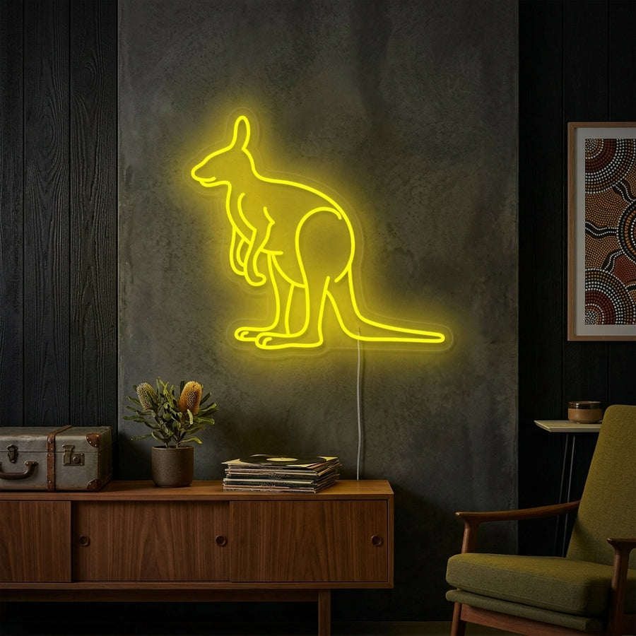 Australia Kangaroo neon sign displayed on a textured wall in a modern living room
