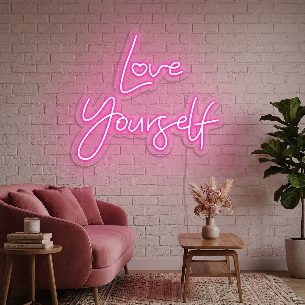 A lifestyle photo of the 'Love Yourself' neon sign glowing beautifully above a stylized bedside setup in a cozy, modern bedroom.