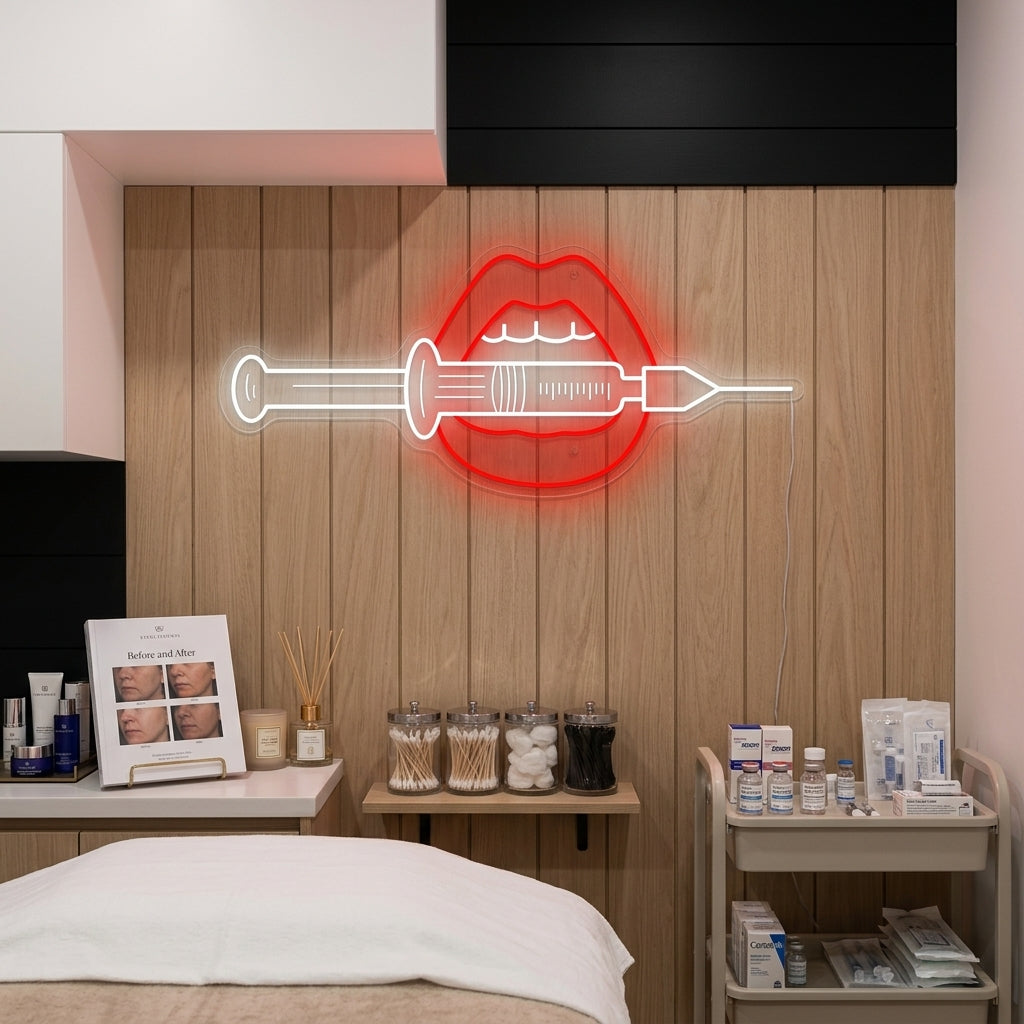 A glowing pink 'Lip Injection' neon sign with small lip graphic, mounted on a wall inside a chic, modern beauty studio.