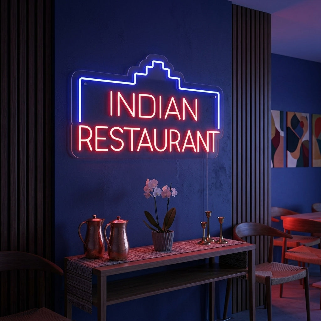 Handcrafted INDIAN RESTAURANT neon sign glowing brightly on an exposed brick wall above a cozy booth and table setting, creating a warm, inviting dining ambiance.