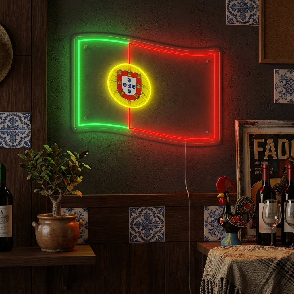 A glowing Flag of Portugal neon sign displayed on a contemporary living room wall above a console table.