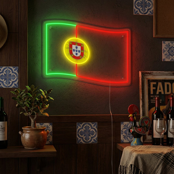 A glowing Flag of Portugal neon sign displayed on a contemporary living room wall above a console table.