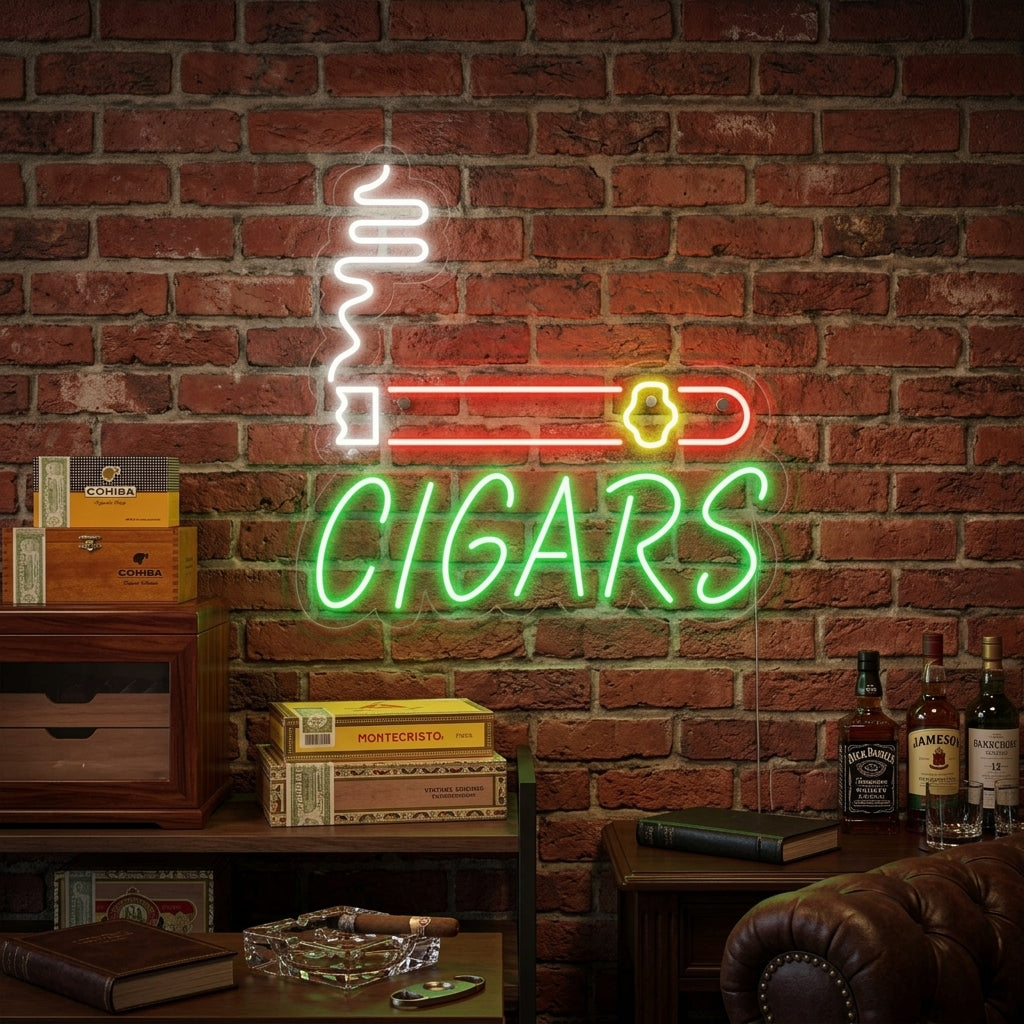 A glowing blue 'Cigars Shop' neon sign mounted on a textured brick wall within a dimly lit, upscale cigar lounge interior.