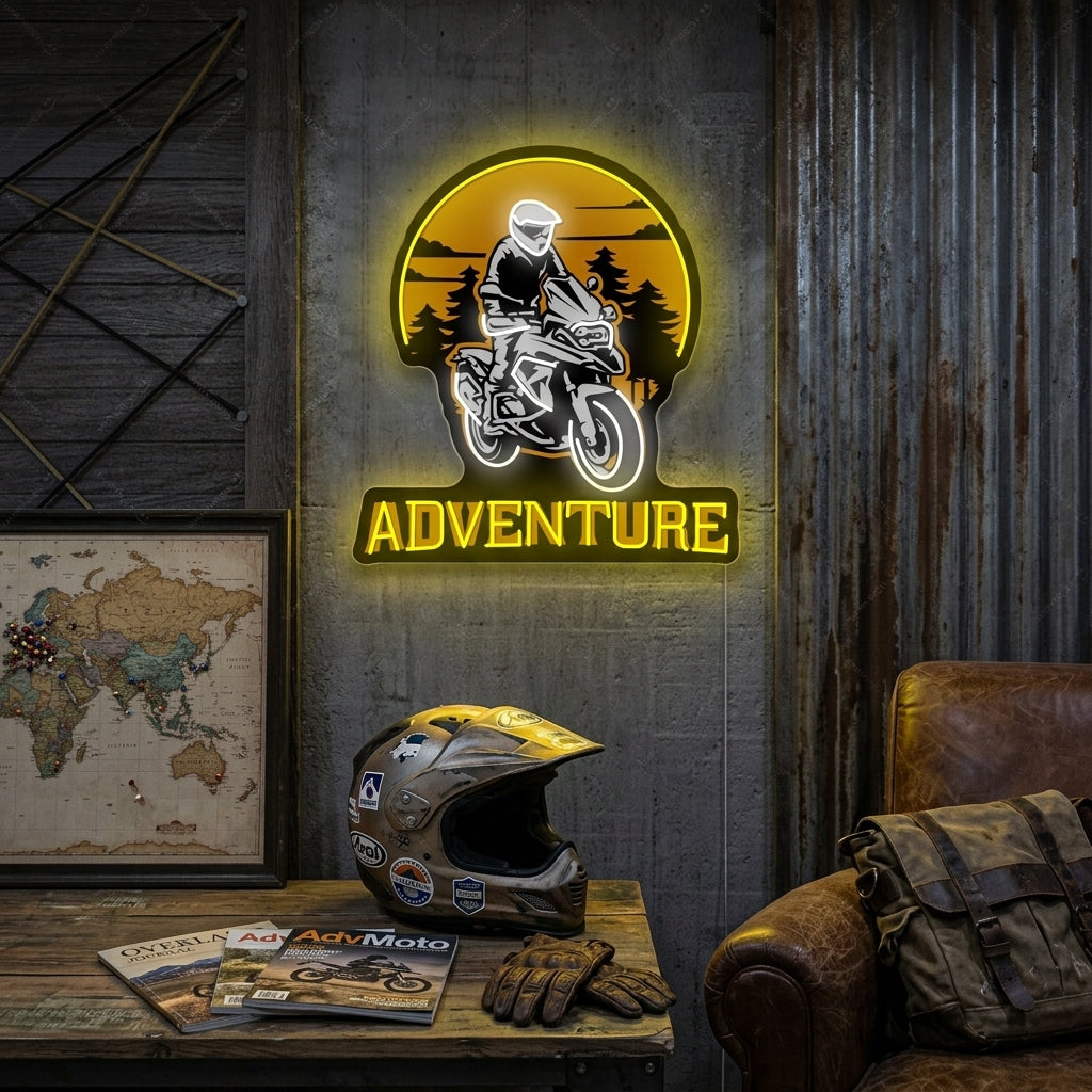 Biker Riding Adventure Motorbike neon sign glowing blue and green in a rustic garage workshop, hanging above tools and a real vintage motorcycle.