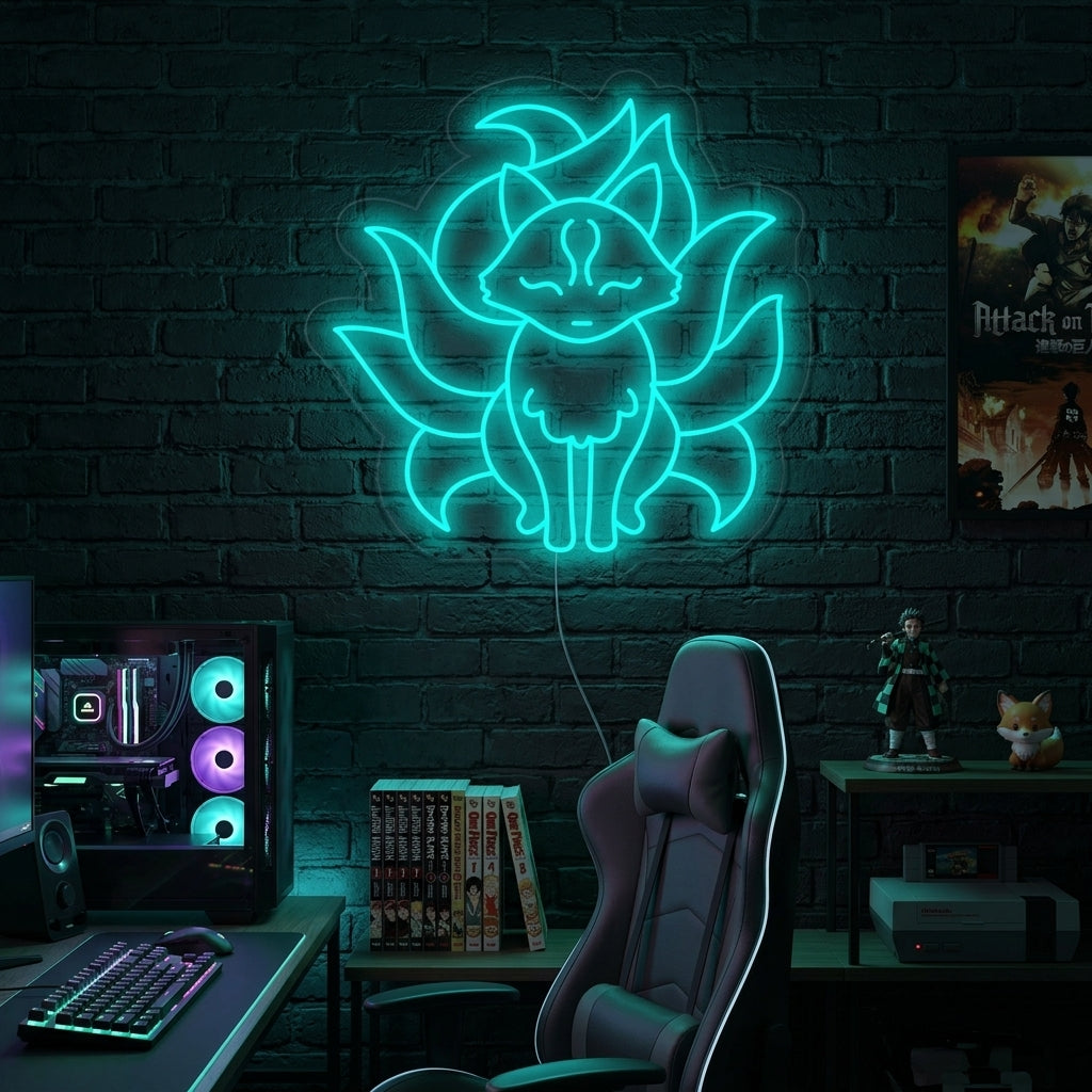 A vibrant yellow, orange, and blue Nine Tailed Tails Fox Anime neon sign glowing on a textured bedroom wall above a wooden desk.