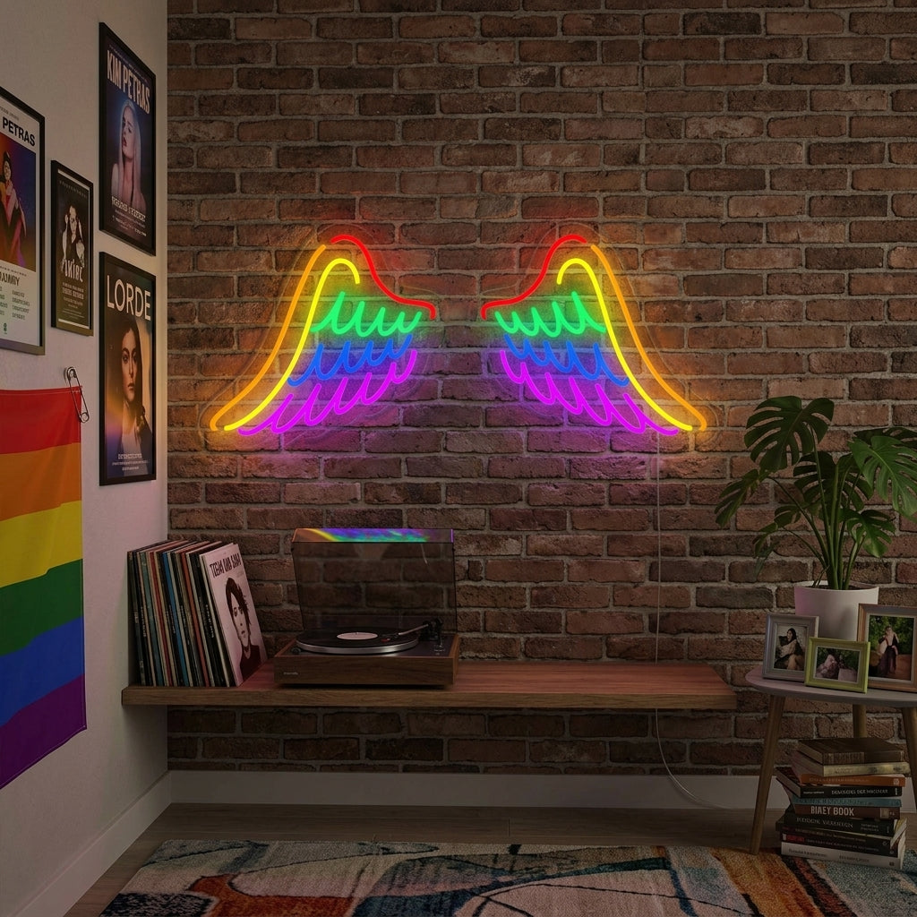 Illuminated rainbow wings neon sign mounted above a bed in a modern, stylish bedroom, creating a warm pride-themed atmosphere.