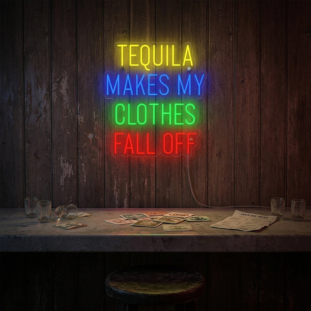 A 'Tequila Makes My Clothes Fall Off' neon sign glowing on a wall.
