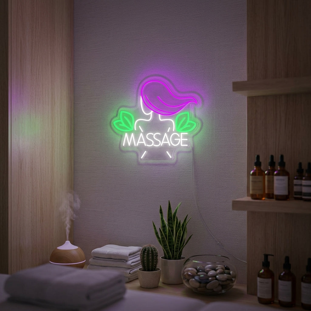 A 'Thai Massage Beauty Salon' neon sign featuring elegant blue and pink cursive and block lettering, illuminated against a textured wall.