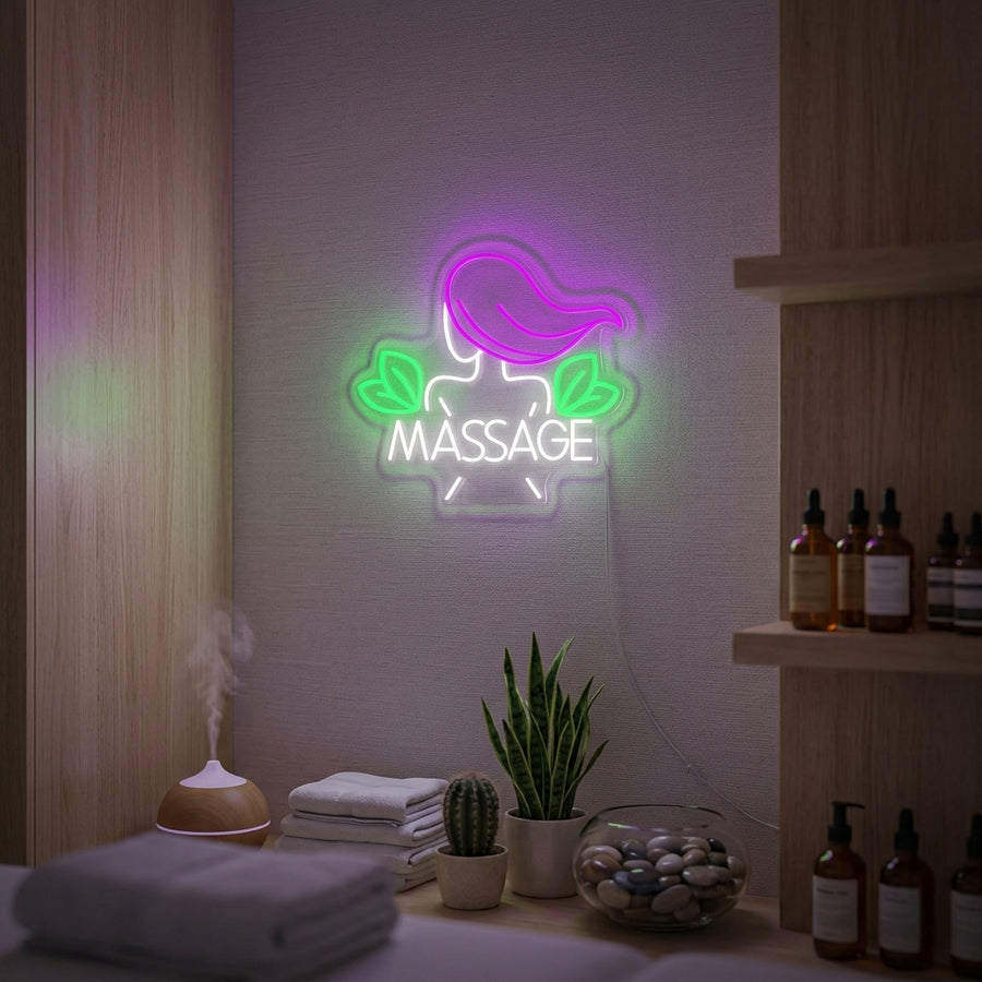 A 'Thai Massage Beauty Salon' neon sign featuring elegant blue and pink cursive and block lettering, illuminated against a textured wall.