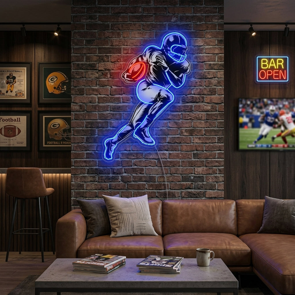 Vibrant blue and white American Football Player neon sign glowing brightly on a brick wall above a helmet and vintage football