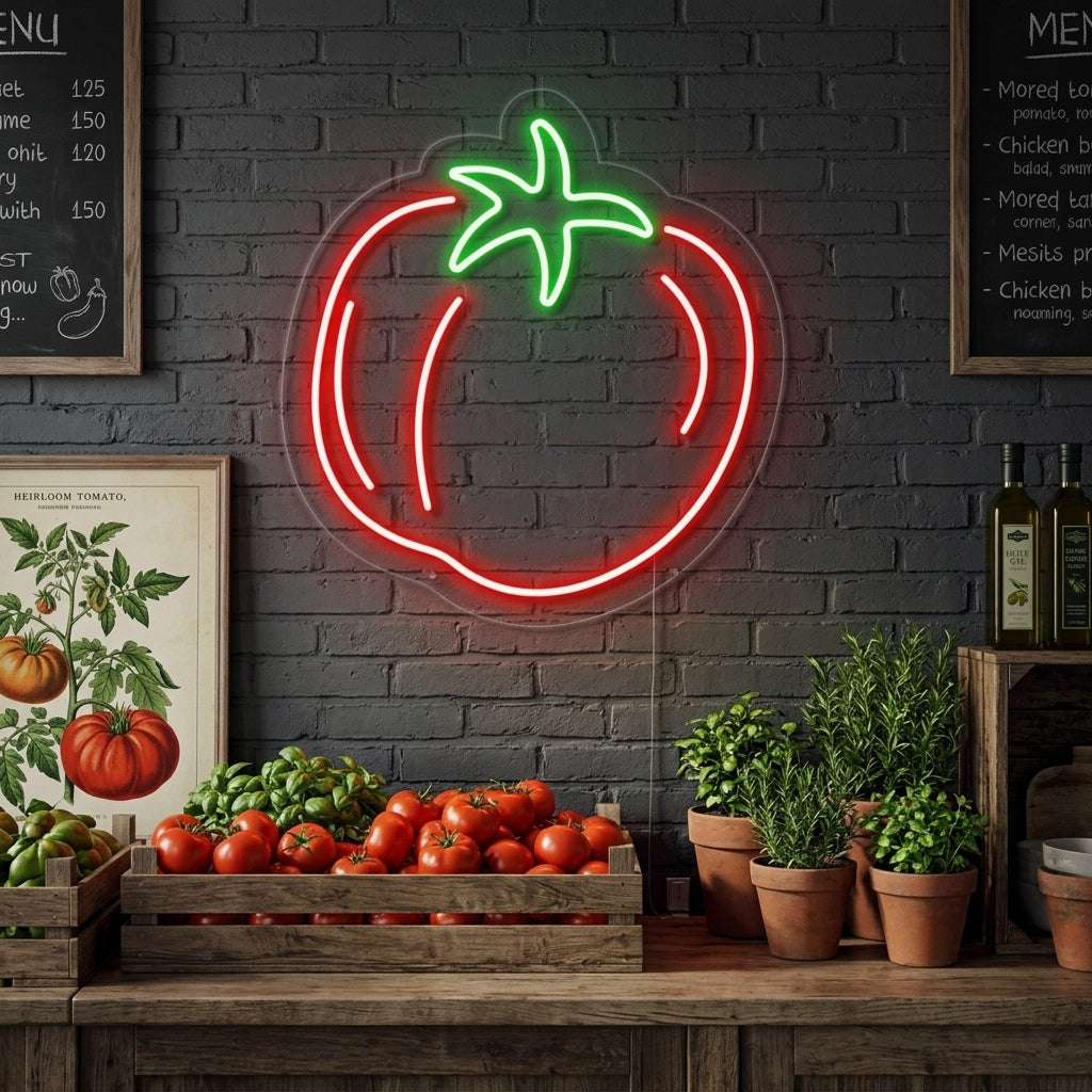 A glowing red Tomato neon sign displayed in a modern kitchen setting.
