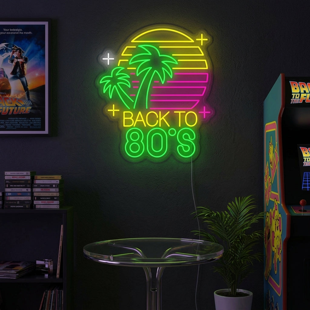 A lifestyle photo showing the illuminated 'Back To 80s' neon sign on a wall in a retro-themed room.