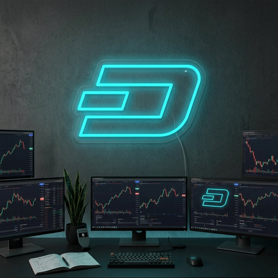 A glowing Dash Coin neon sign displaying the logo over a chart-like background, mounted in a modern living space.
