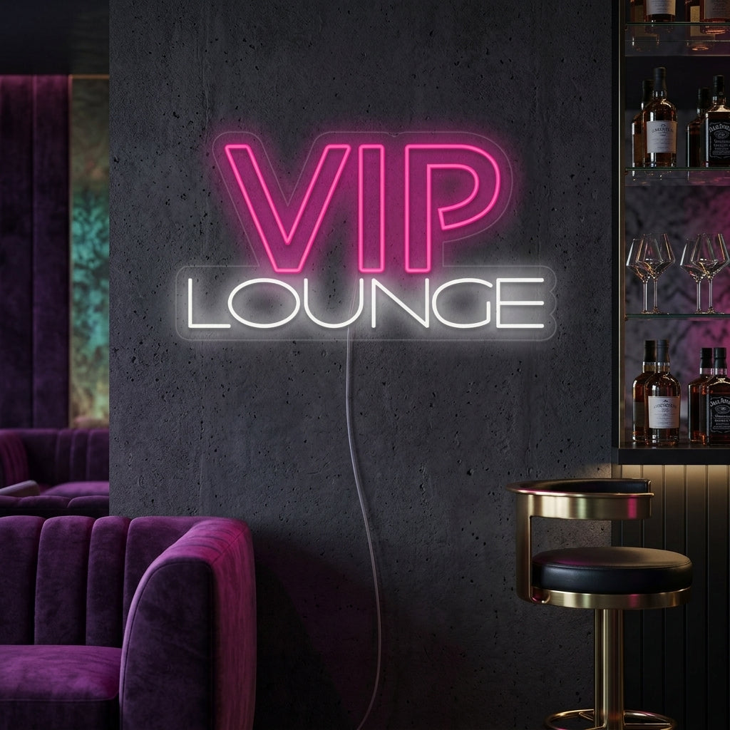 A stunning view of the VIP Lounge neon sign glowing brightly in a modern, sophisticated lounge setting.