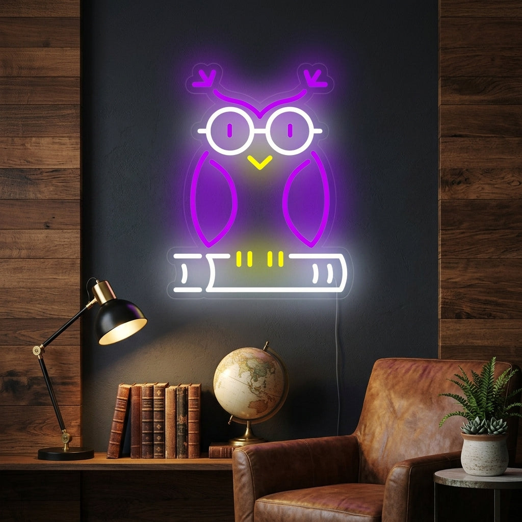 A cozy living room featuring an illuminated neon sign of an owl perched on an open book, hanging on a rustic wall above a bookshelf.