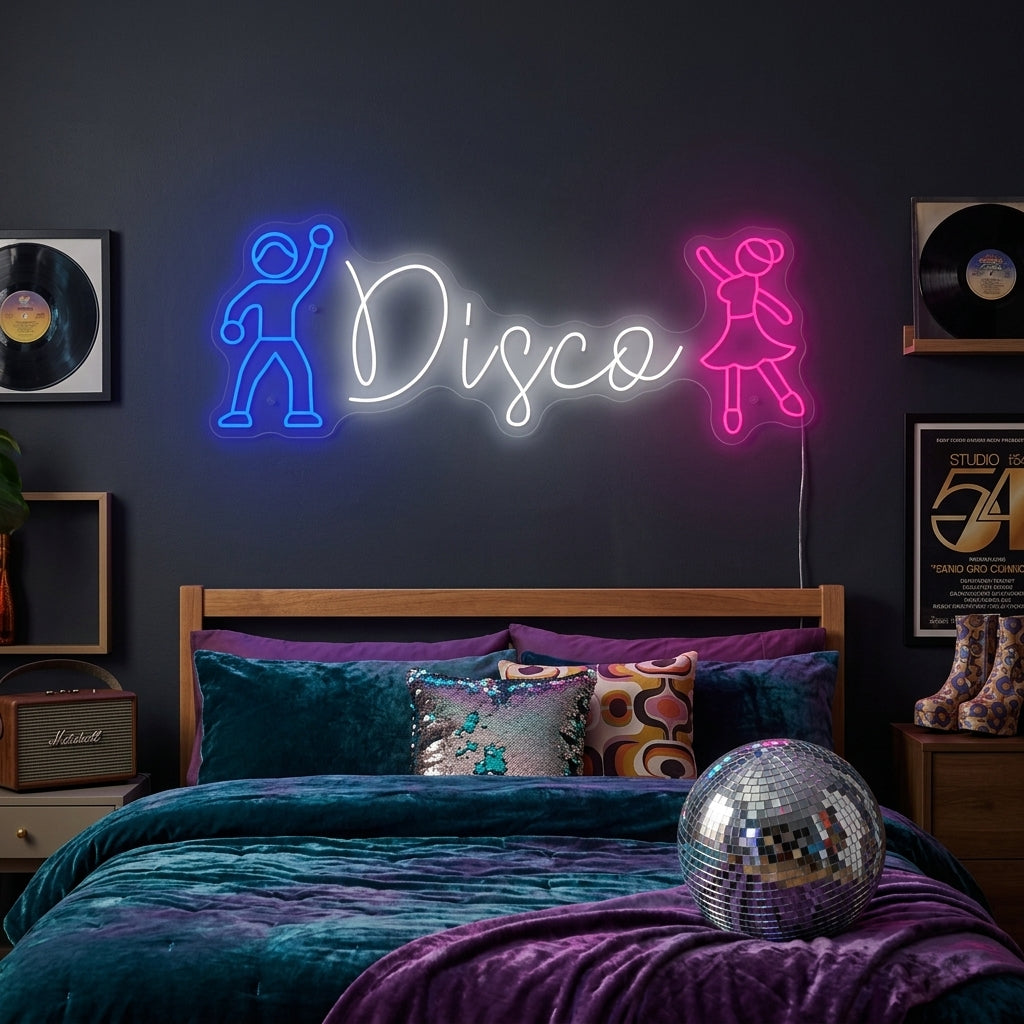 A vibrant 'Disco' neon sign glowing brightly above a cozy bed, casting a pink and purple light across the modern bedroom decor.