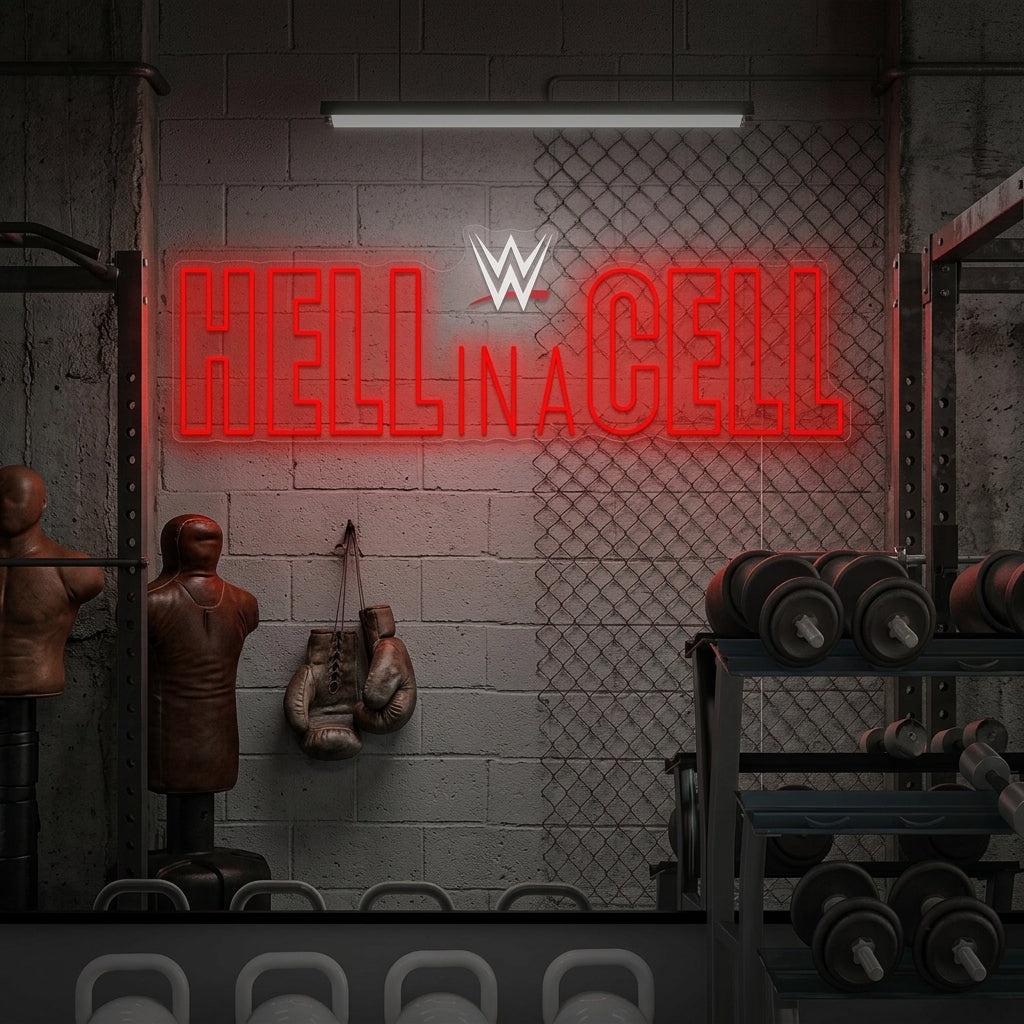 A custom-made red and white 'Hell In A Cell' neon sign mounted on a brick wall inside a dimly lit game room, casting a warm glow.