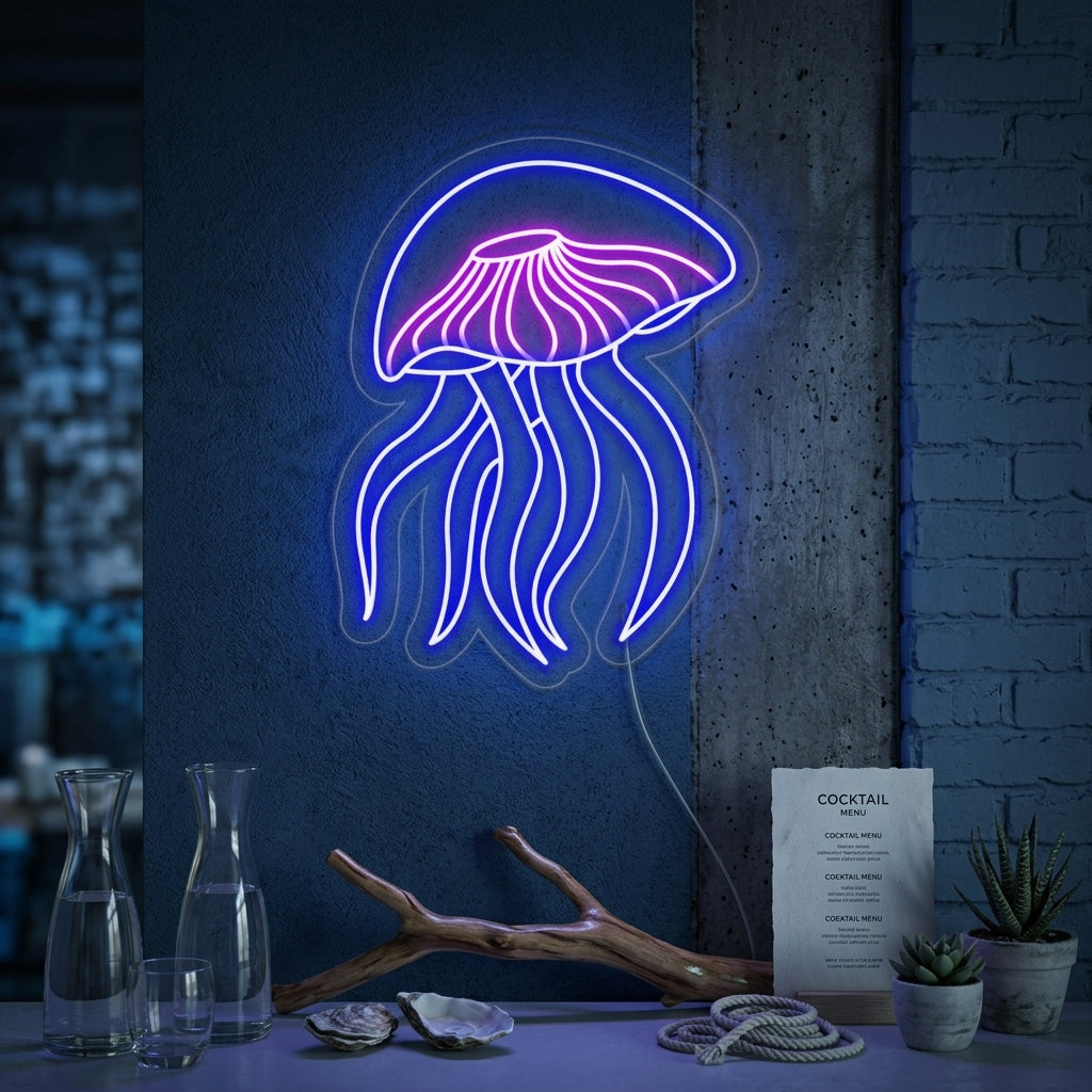 Handcrafted Jellyfish Neon Sign glowing on a textured bedroom wall, illuminating a stylish, modern interior.