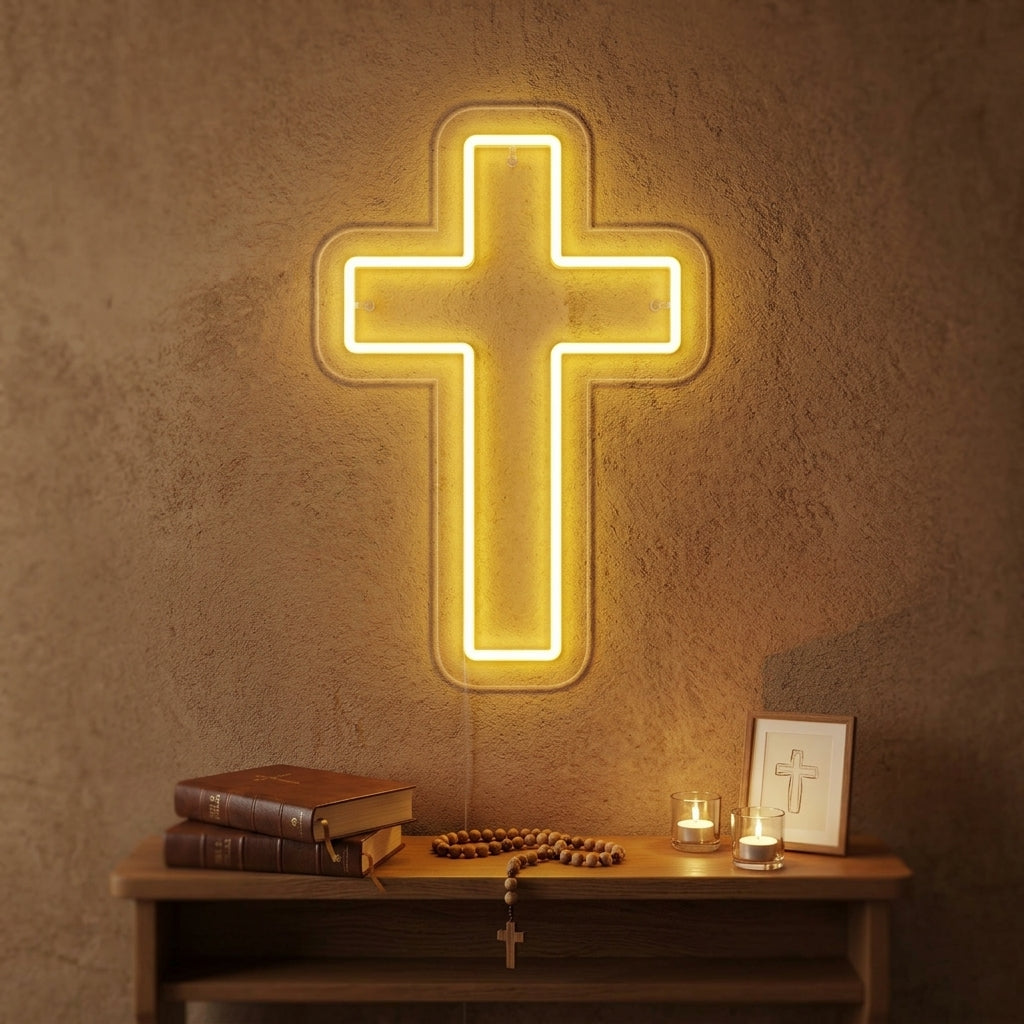 A glowing Christian Cross Neon Sign on an indoor brick wall, illuminating a cozy living room with plants and modern furniture.