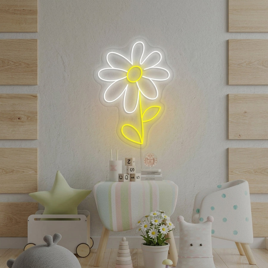 A bright daisy flower neon sign illuminating a charmingly decorated kids' room, featuring white petals and a yellow center on a warm, patterned wall.