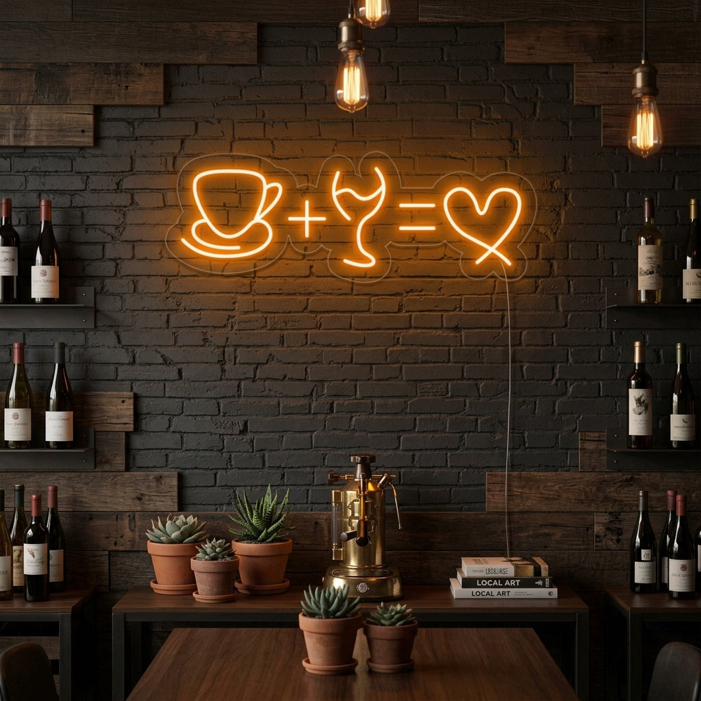 A vibrant 'Coffee & Wine' neon sign is shown glowing above a brick wall and rustic counter, creating a welcoming coffee shop atmosphere.